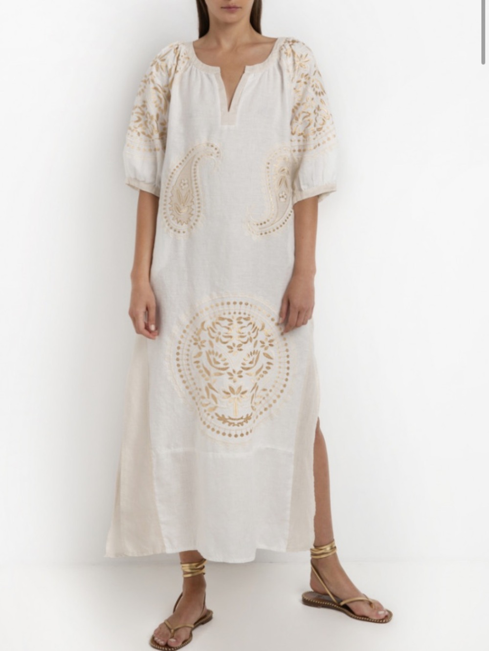 Rhea Costa White Maxi Dress with Gold Embroidery